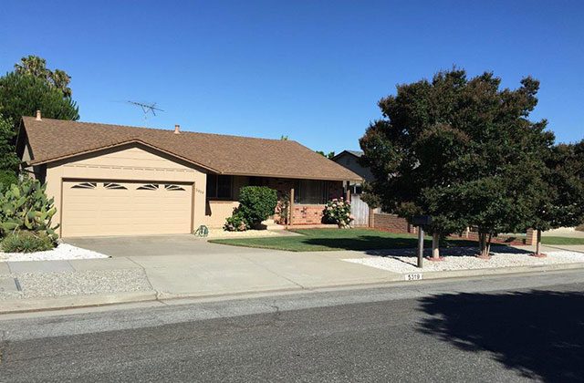 A house with a driveway and trees in front of it