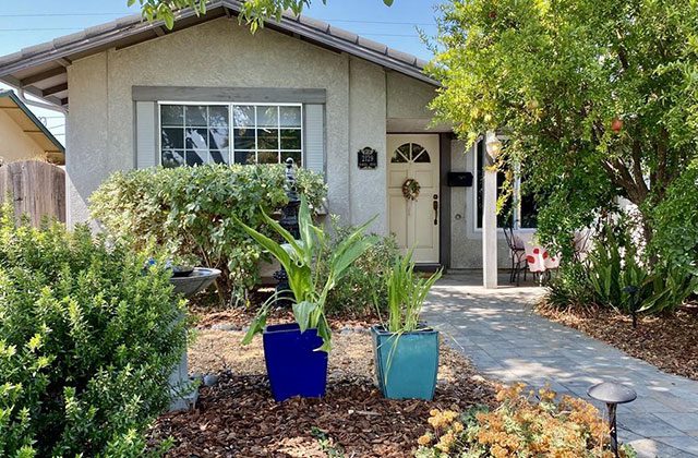 A house with two blue and one green plants in front of it.